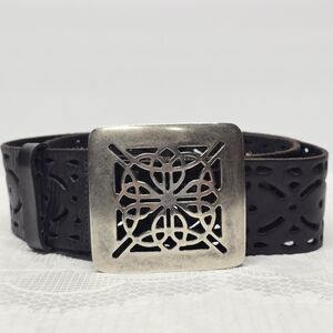 Celtic Style Women's Wide Black Genuine Leather Belt One Size Adjustable Boho